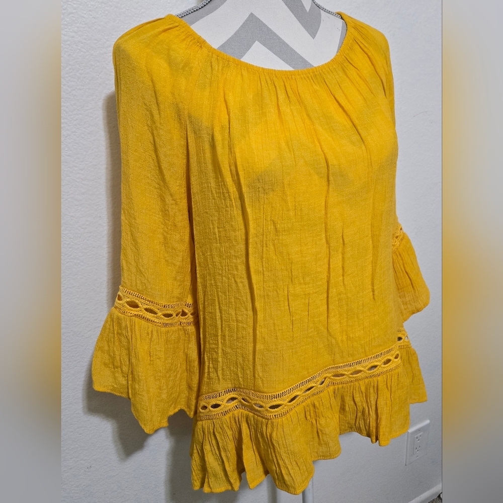 ​Zac & Rachel Mustard Yellow Boho Bell Sleeve Blouse Crochet Lace Trim Medium - Picture 8 of 13